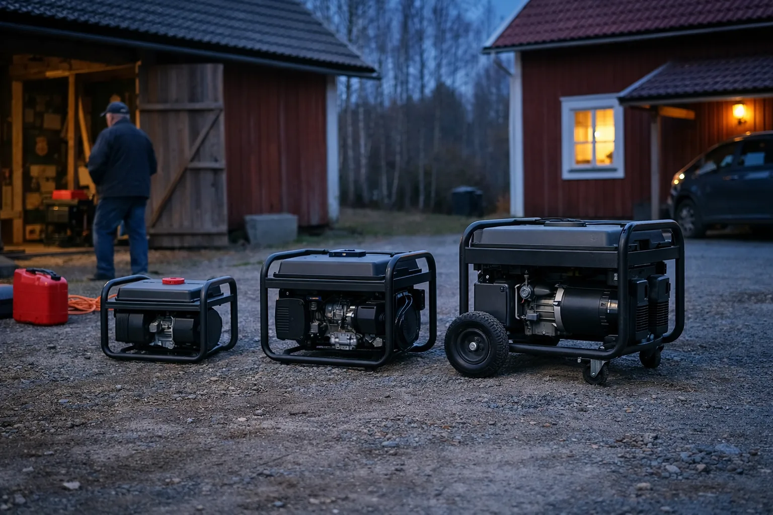 Tre elverk i olika storlekar på en grusgård framför röda hus en kväll