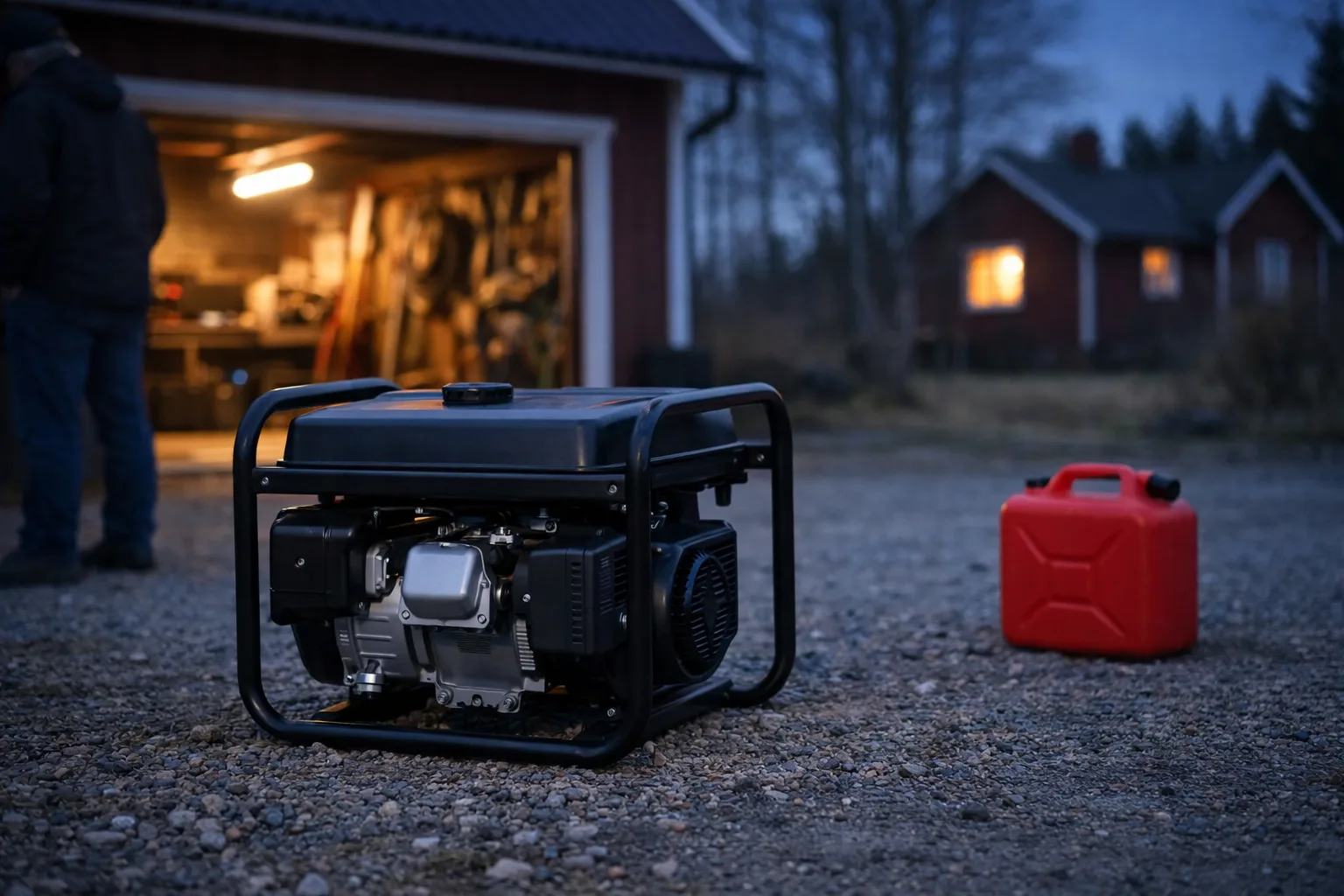 Bensinelverk på en grusuppfart utanför ett garage.