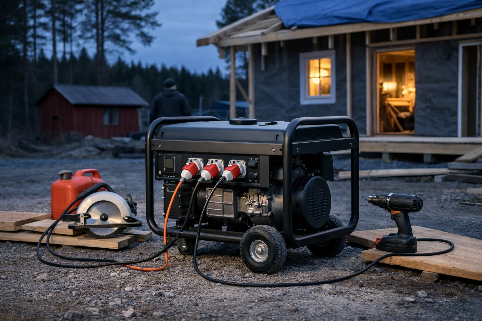 Elverk på en byggplats med elverktyg i bakgrunden.