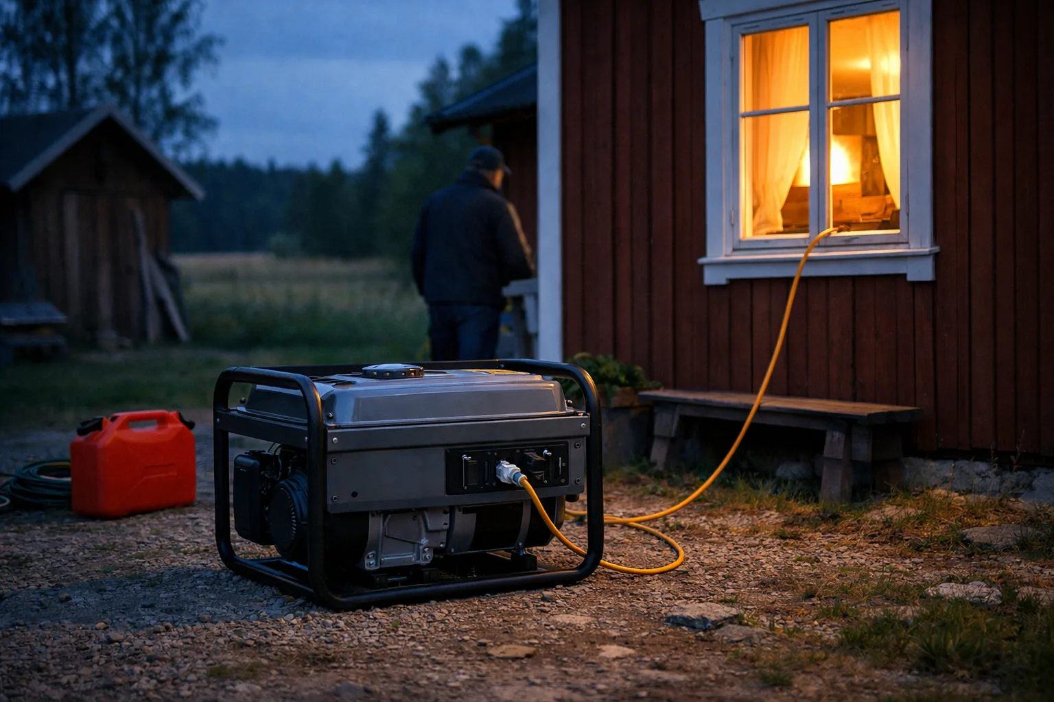Bensinelverk på grusplanen utanför ett rött trähus en kväll, med en röd bensindunk bredvid