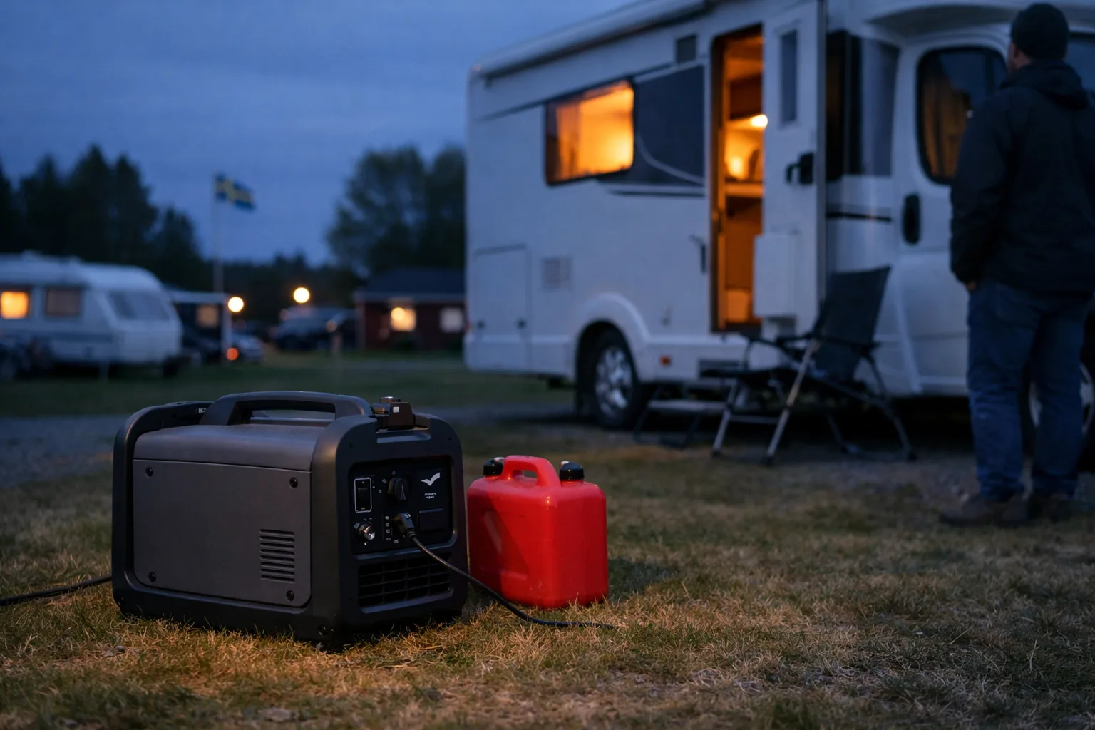 Litet elverk bredvid en husbil på en campingplats.